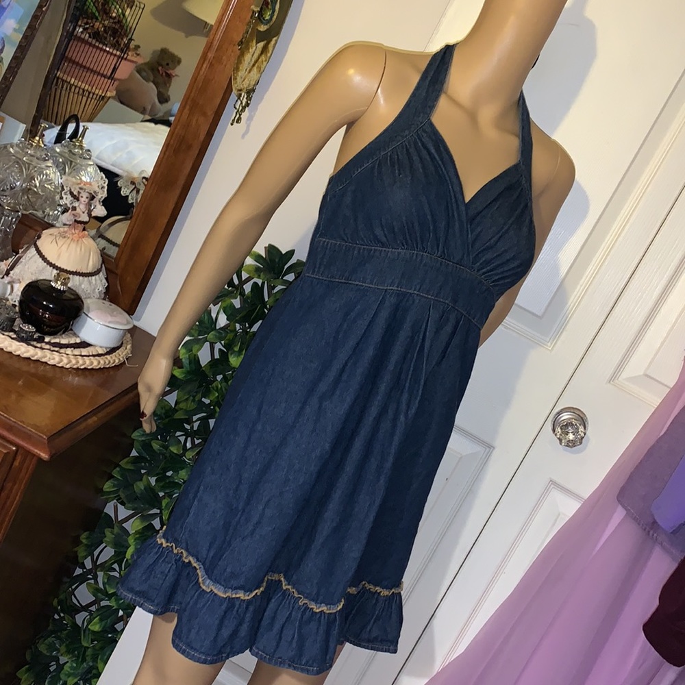 Y2K blue Denim jean backless halter bow mini dress sundress S